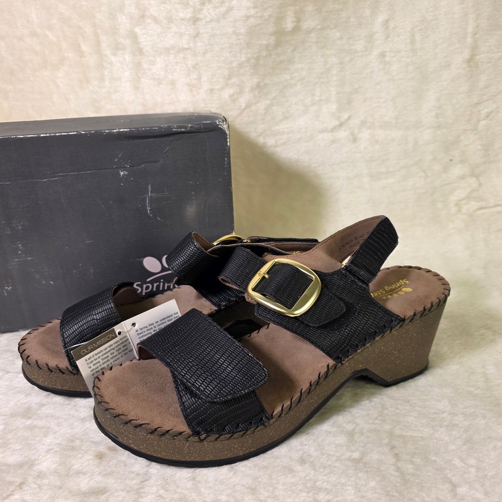 Spring Step Black Wedge Sandals Adjustable Buckle Leather Womens 42 10.5-11 NEW